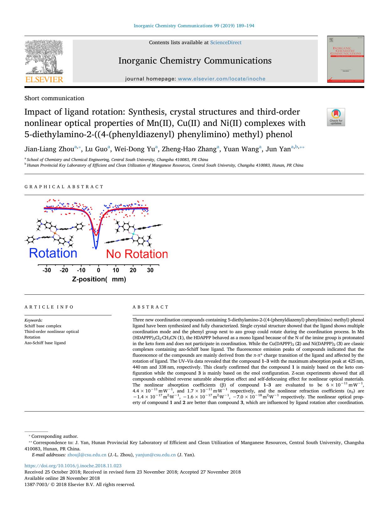 Impact of ligand rotation_ Synthesis, crystal structures and third-order nonlinear optical properties of Mn(II), Cu(II) and Ni(II) complexes with 5âdiethylaminoâ2â((4â(phen by Jian-Liang Zhou & Lu Guo & Wei-Dong Yu & Zheng-Hao Zhang & Yuan Wang & Jun Yan