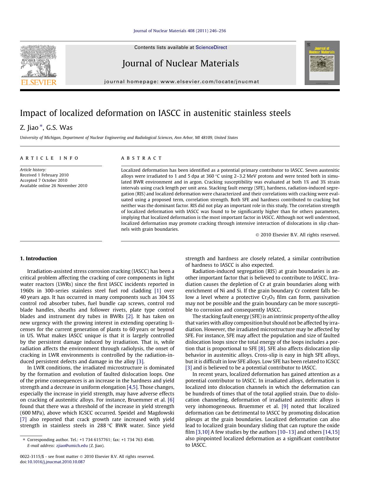 Impact of localized deformation on IASCC in austenitic stainless steels by Z. Jiao & G.S. Was