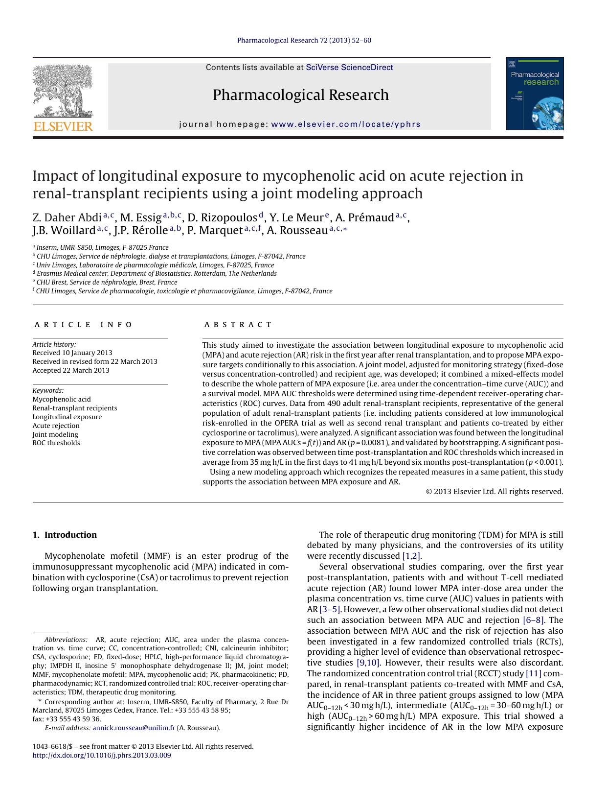 Impact of longitudinal exposure to mycophenolic acid on acute rejection in renal-transplant recipients using a joint modeling approach by Z. Daher Abdi