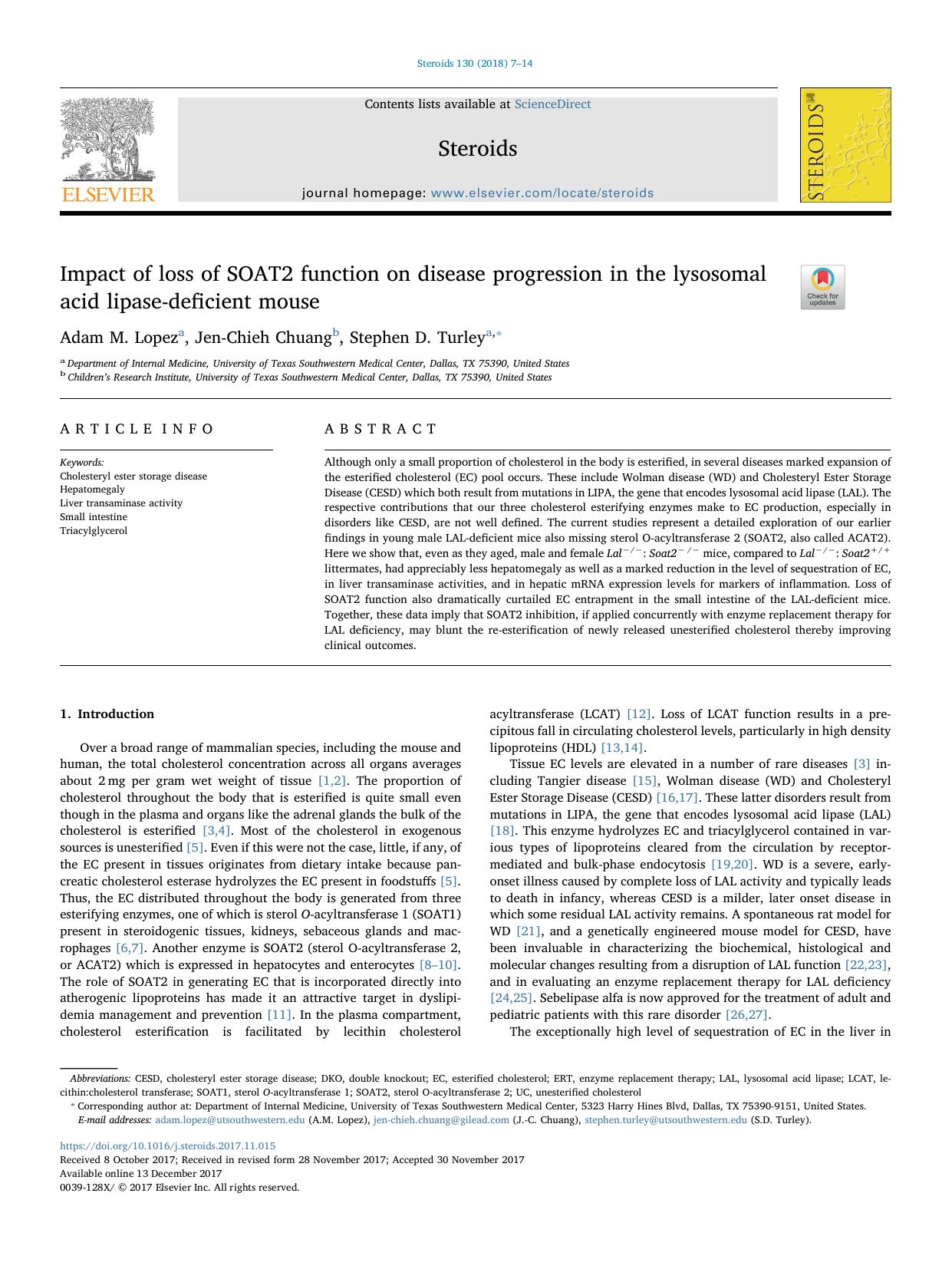 Impact of loss of SOAT2 function on disease progression in the lysosomal acid lipase-deficient mouse by Adam M. Lopez & Jen-Chieh Chuang & Stephen D. Turley