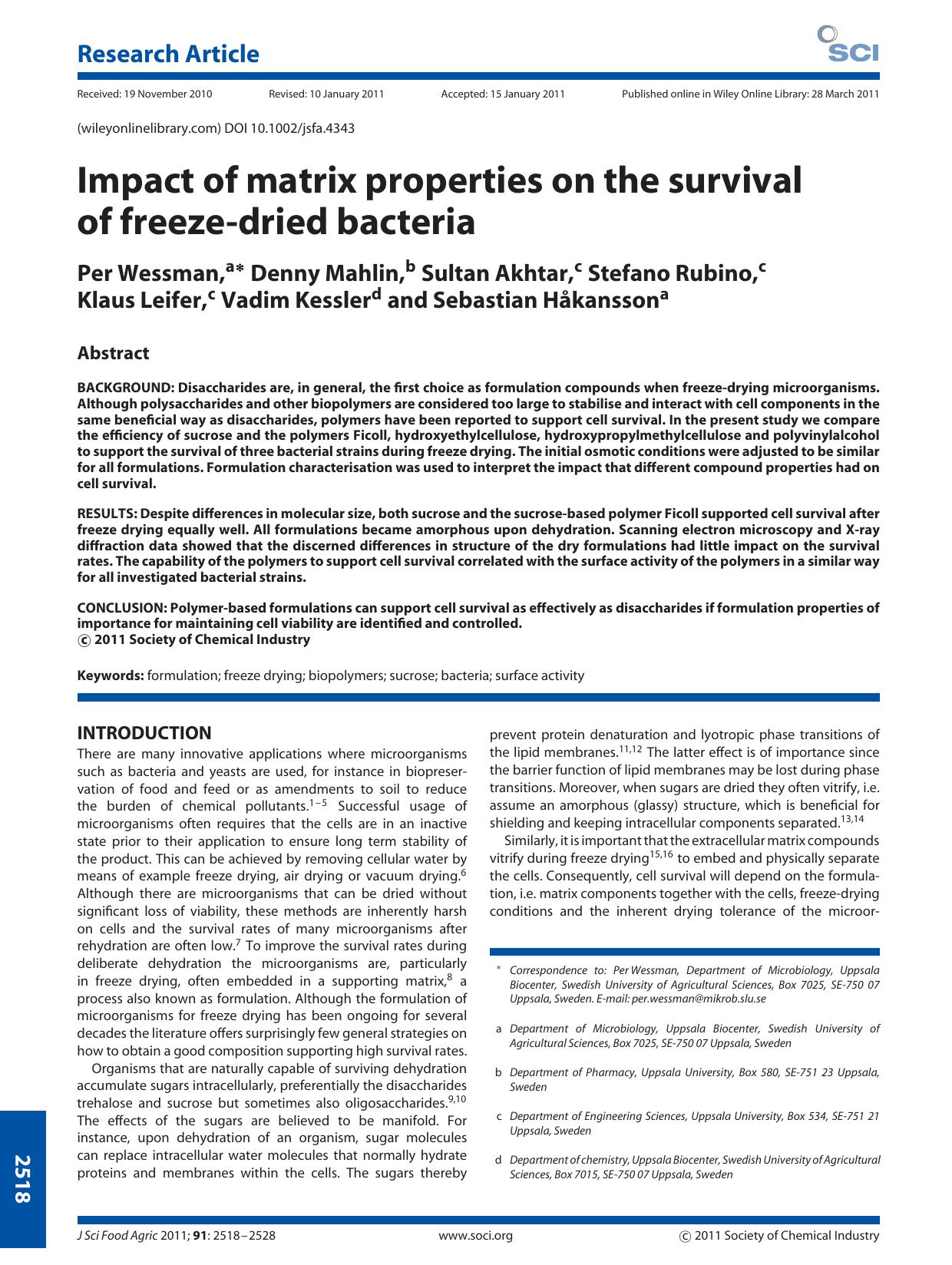 Impact of matrix properties on the survival of freezedried bacteria by Unknown