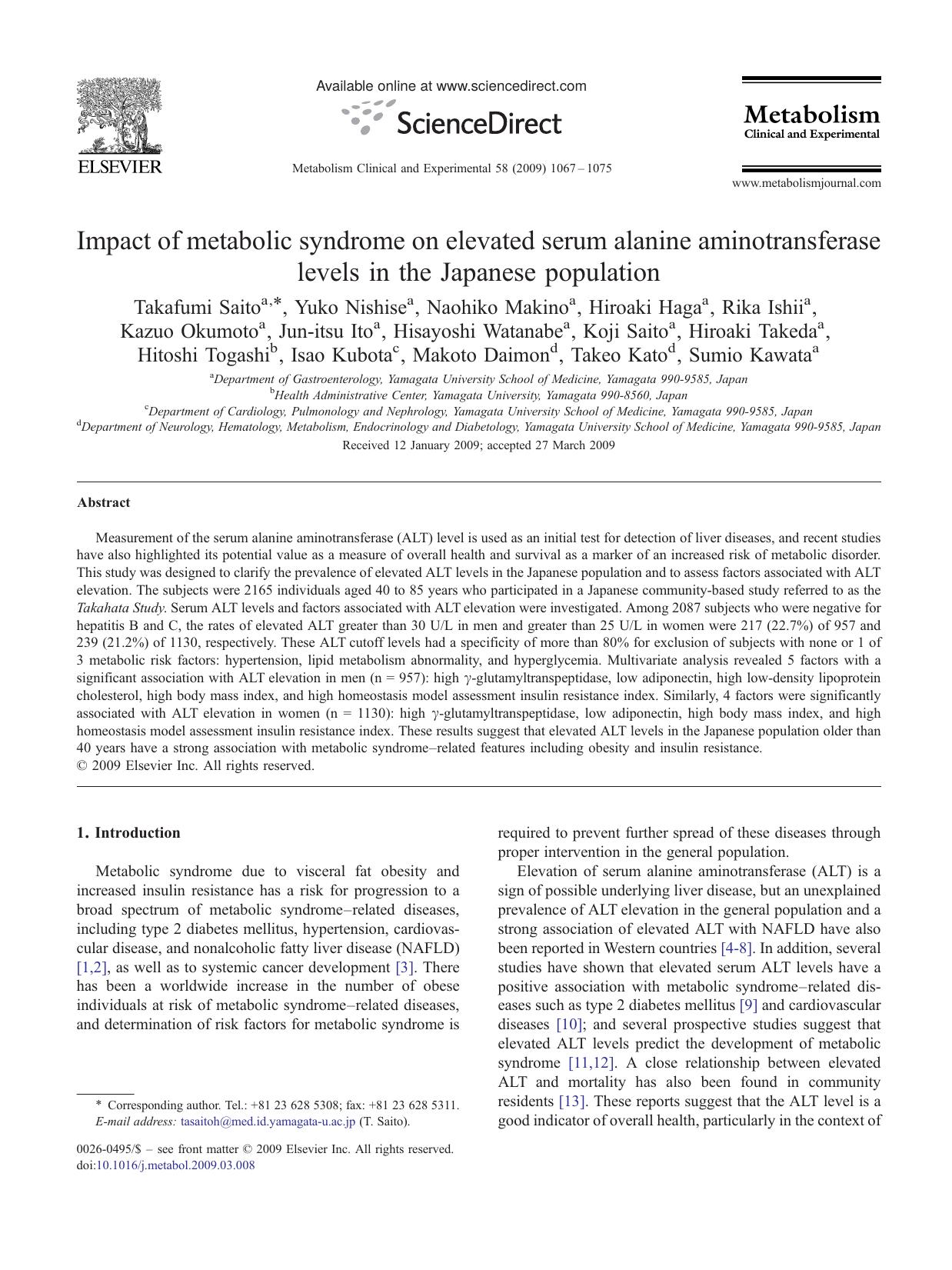 Impact of metabolic syndrome on elevated serum alanine aminotransferase levels in the Japanese population by unknow