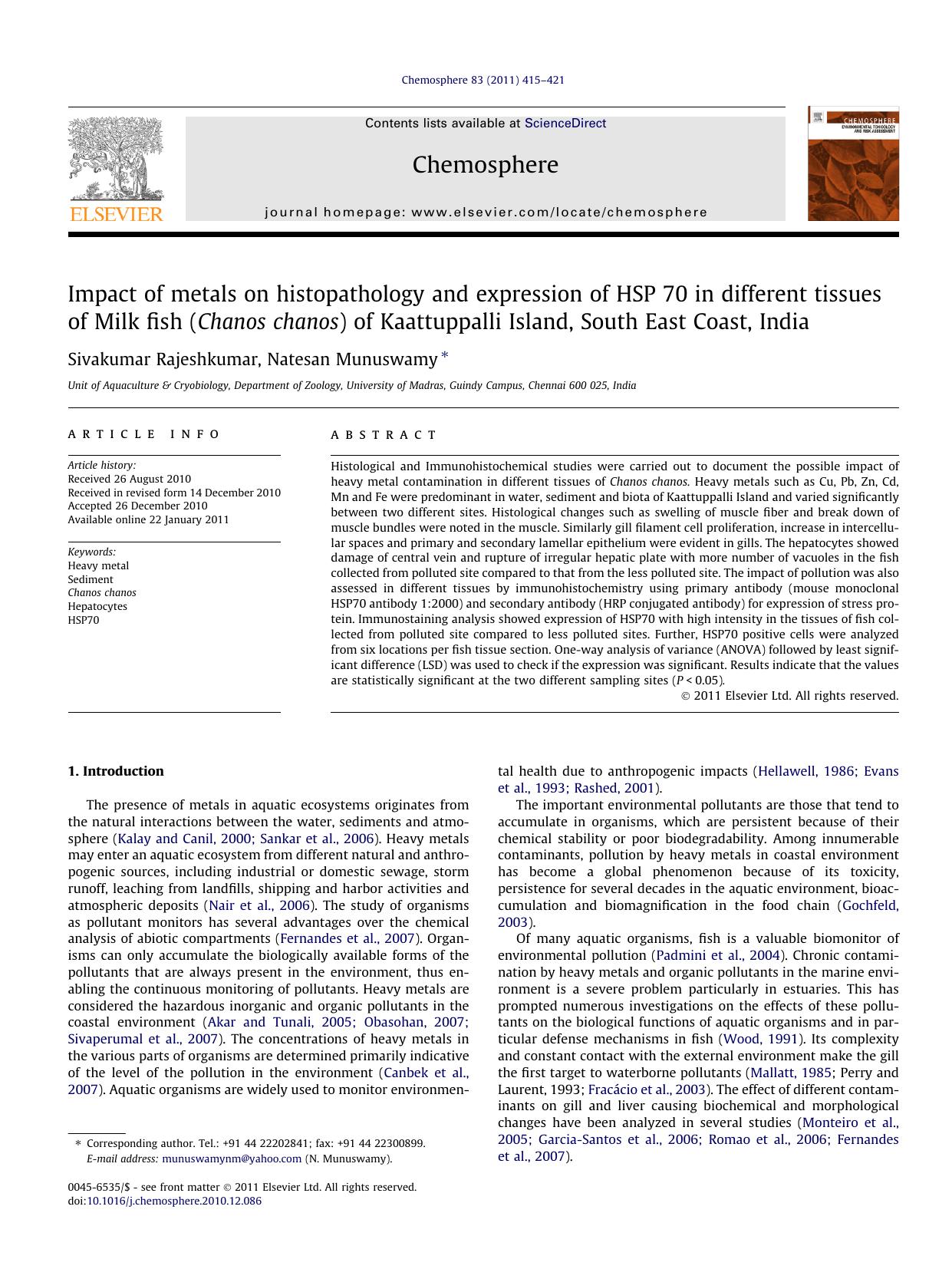 Impact of metals on histopathology and expression of HSP 70 in different tissues of Milk fish (Chanos chanos) of Kaattuppalli Island, South East Coast, India by Sivakumar Rajeshkumar & Natesan Munuswamy