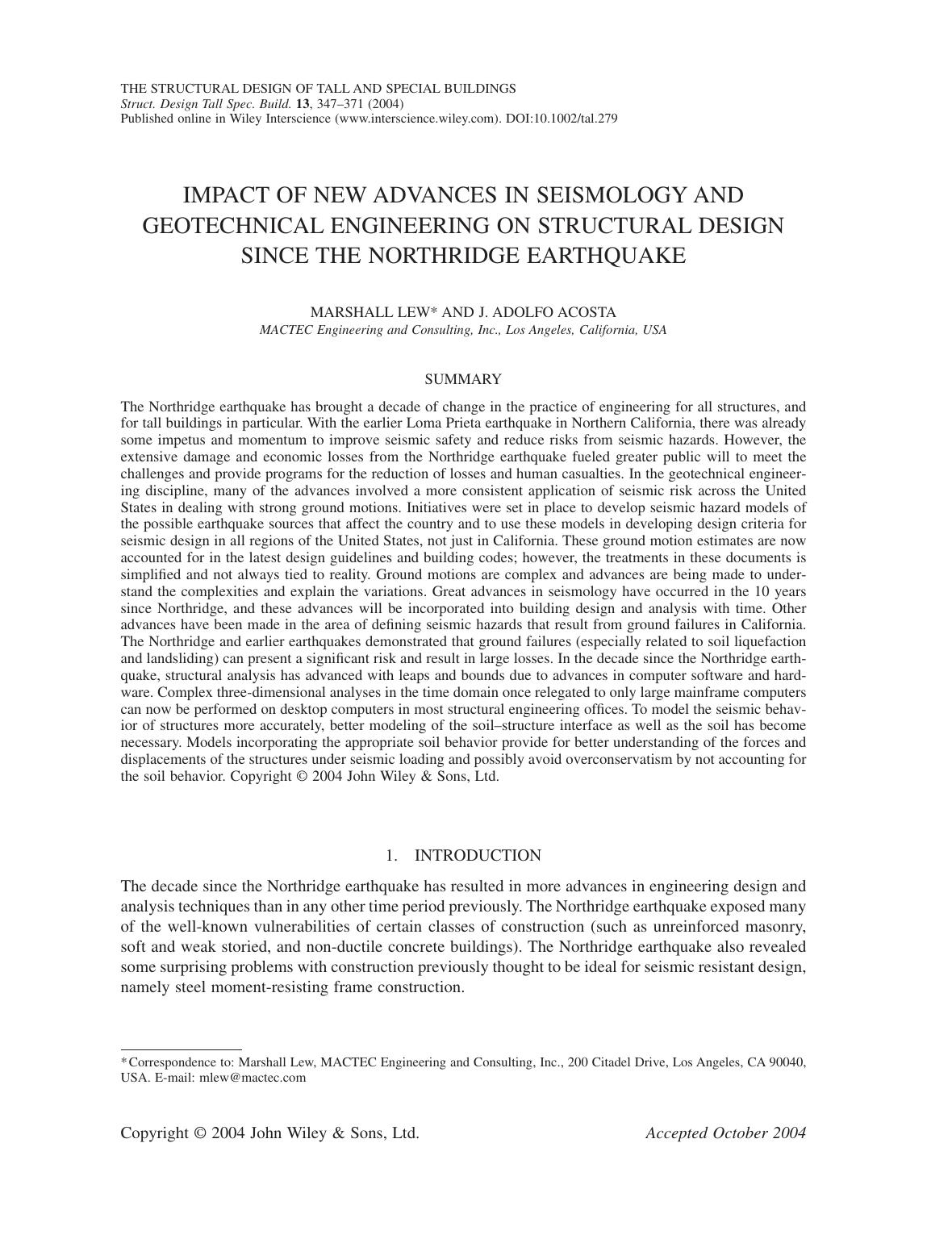 Impact of new advances in seismology and geotechnical engineering on structural design since the Northridge earthquake by FP06