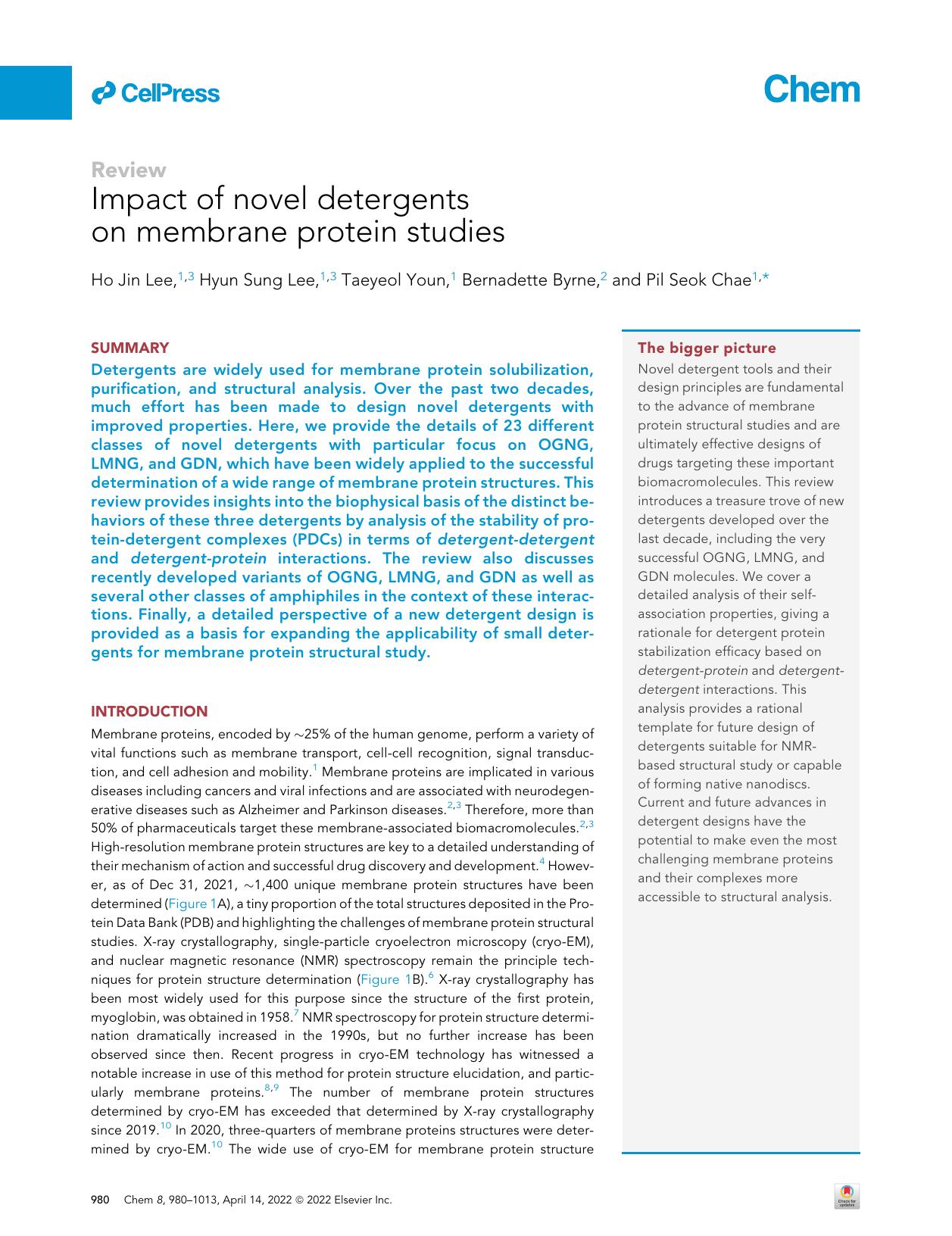 Impact of novel detergents on membrane protein studies by Ho Jin Lee & Hyun Sung Lee & Taeyeol Youn & Bernadette Byrne & Pil Seok Chae
