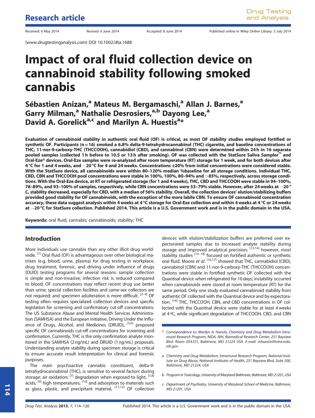Impact of oral fluid collection device on cannabinoid stability following smoked cannabis by unknow
