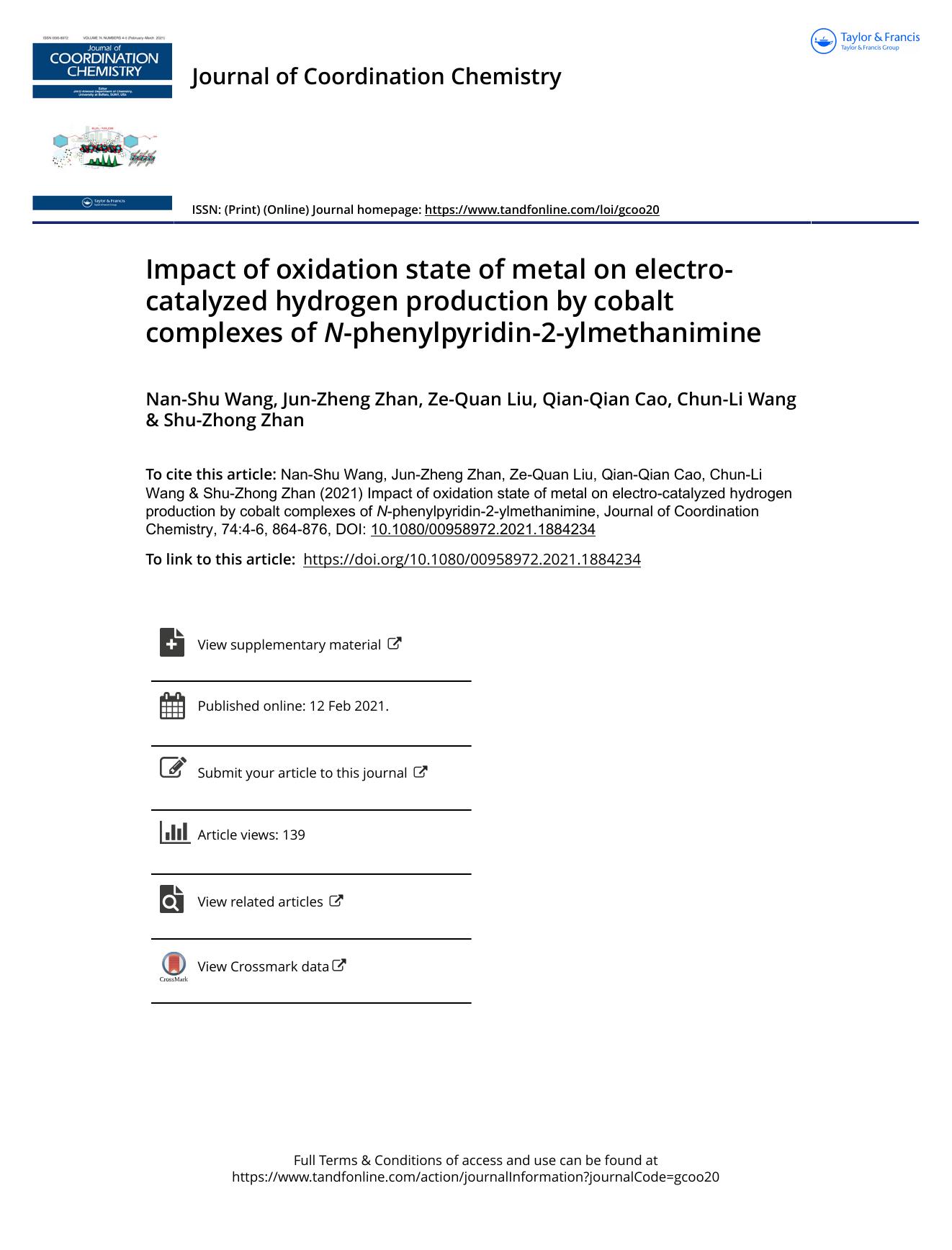 Impact of oxidation state of metal on electro-catalyzed hydrogen production by cobalt complexes of N-phenylpyridin-2-ylmethanimine by Wang Nan-Shu & Zhan Jun-Zheng & Liu Ze-Quan & Cao Qian-Qian & Wang Chun-Li & Zhan Shu-Zhong