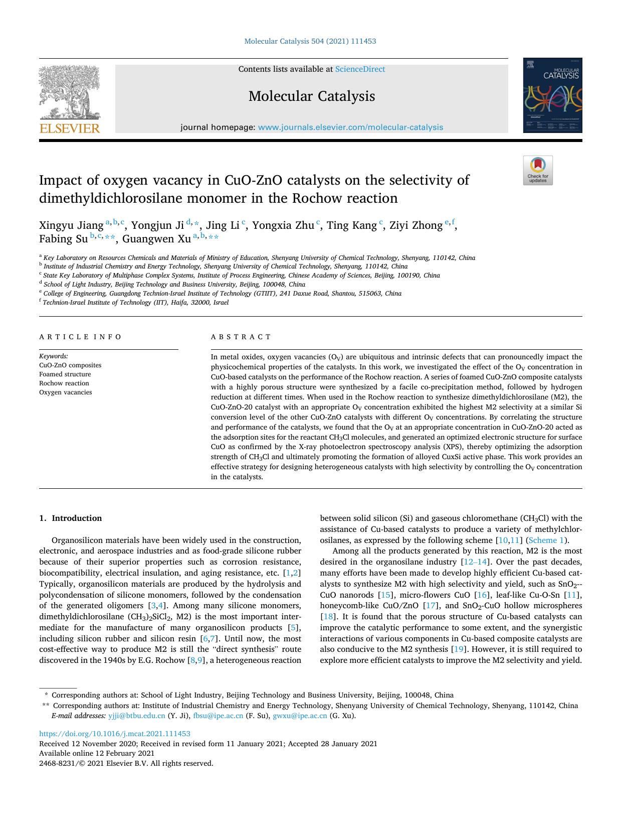 Impact of oxygen vacancy in CuO-ZnO catalysts on the selectivity of dimethyldichlorosilane monomer in the Rochow reaction by Xingyu Jiang & Yongjun Ji & Jing Li & Yongxia Zhu & Ting Kang & Ziyi Zhong & Fabing Su & Guangwen Xu