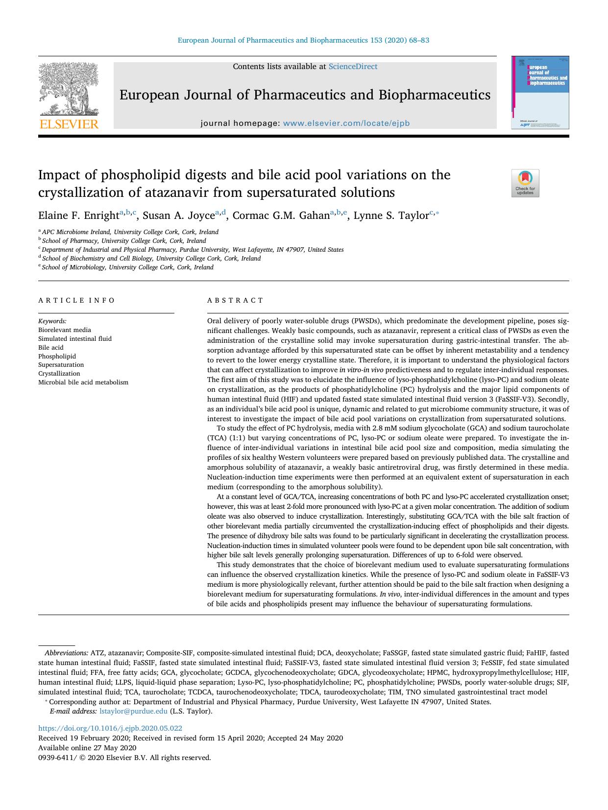 Impact of phospholipid digests and bile acid pool variations on the crystallization of atazanavir from supersaturated solutions by Elaine F. Enright & Susan A. Joyce & Cormac G.M. Gahan & Lynne S. Taylor