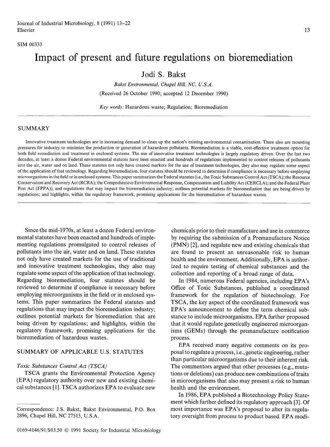 Impact of present and future regulations on bioremediation by Unknown