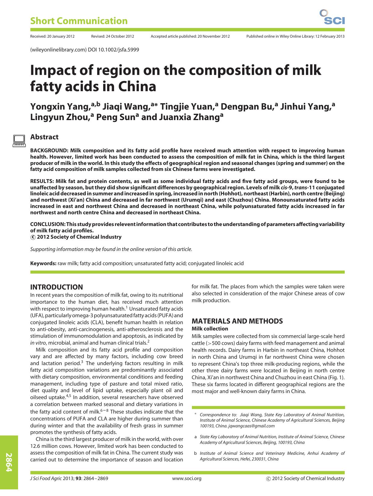 Impact of region on the composition of milk fatty acids in China by Unknown