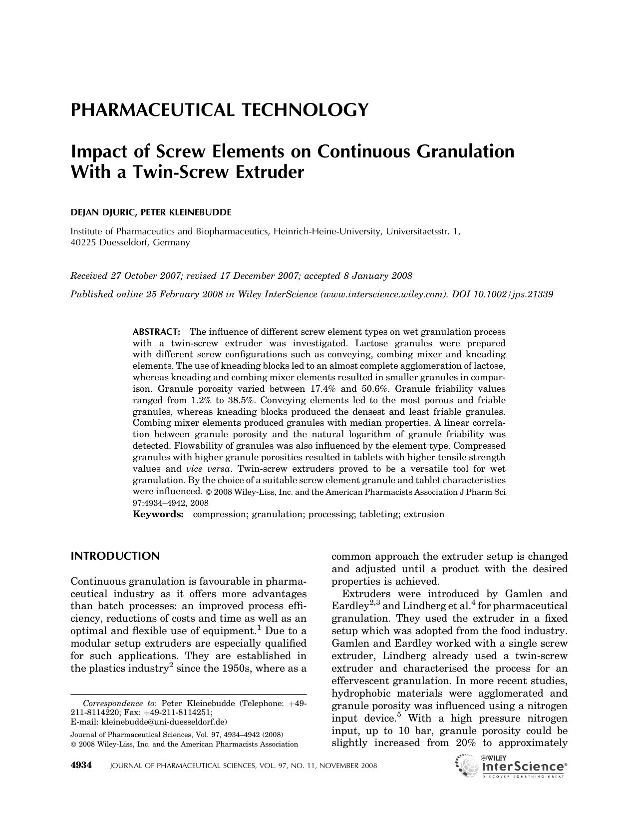 Impact of screw elements on continuous granulation with a twin-screw extruder by Unknown