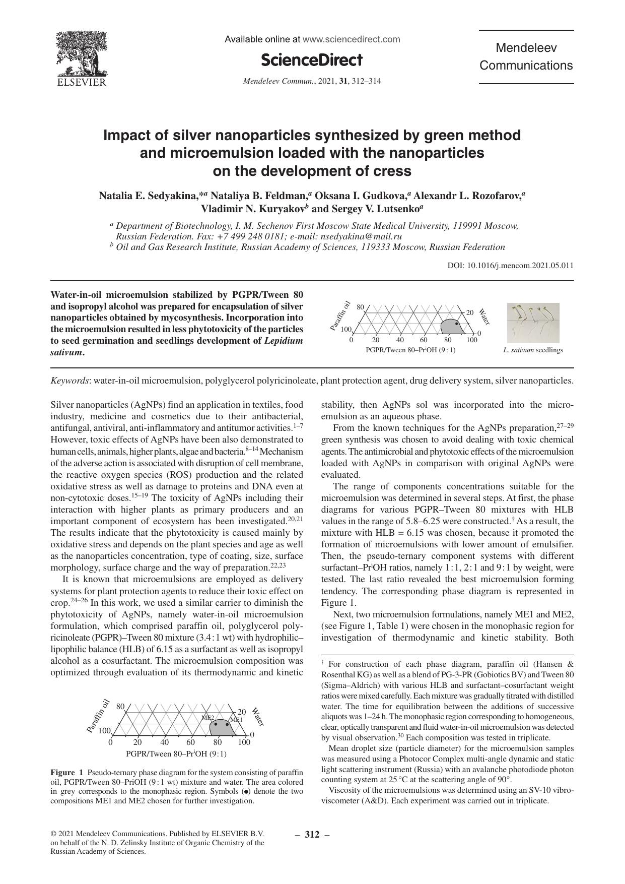 Impact of silver nanoparticles synthesized by green method and microemulsion loaded with the nanoparticles on the development of cress by unknow