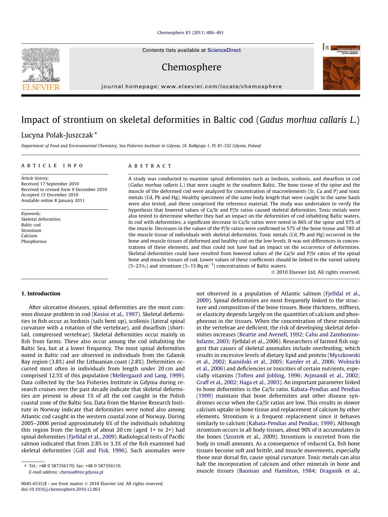 Impact of strontium on skeletal deformities in Baltic cod (Gadus morhua callaris L.) by Lucyna Polak-Juszczak