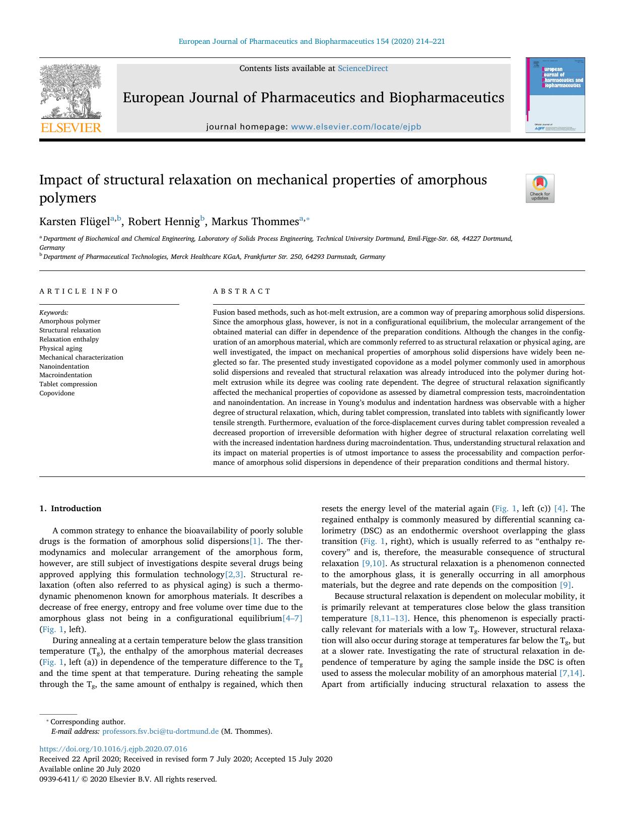 Impact of structural relaxation on mechanical properties of amorphous polymers by Karsten Flügel & Robert Hennig & Markus Thommes
