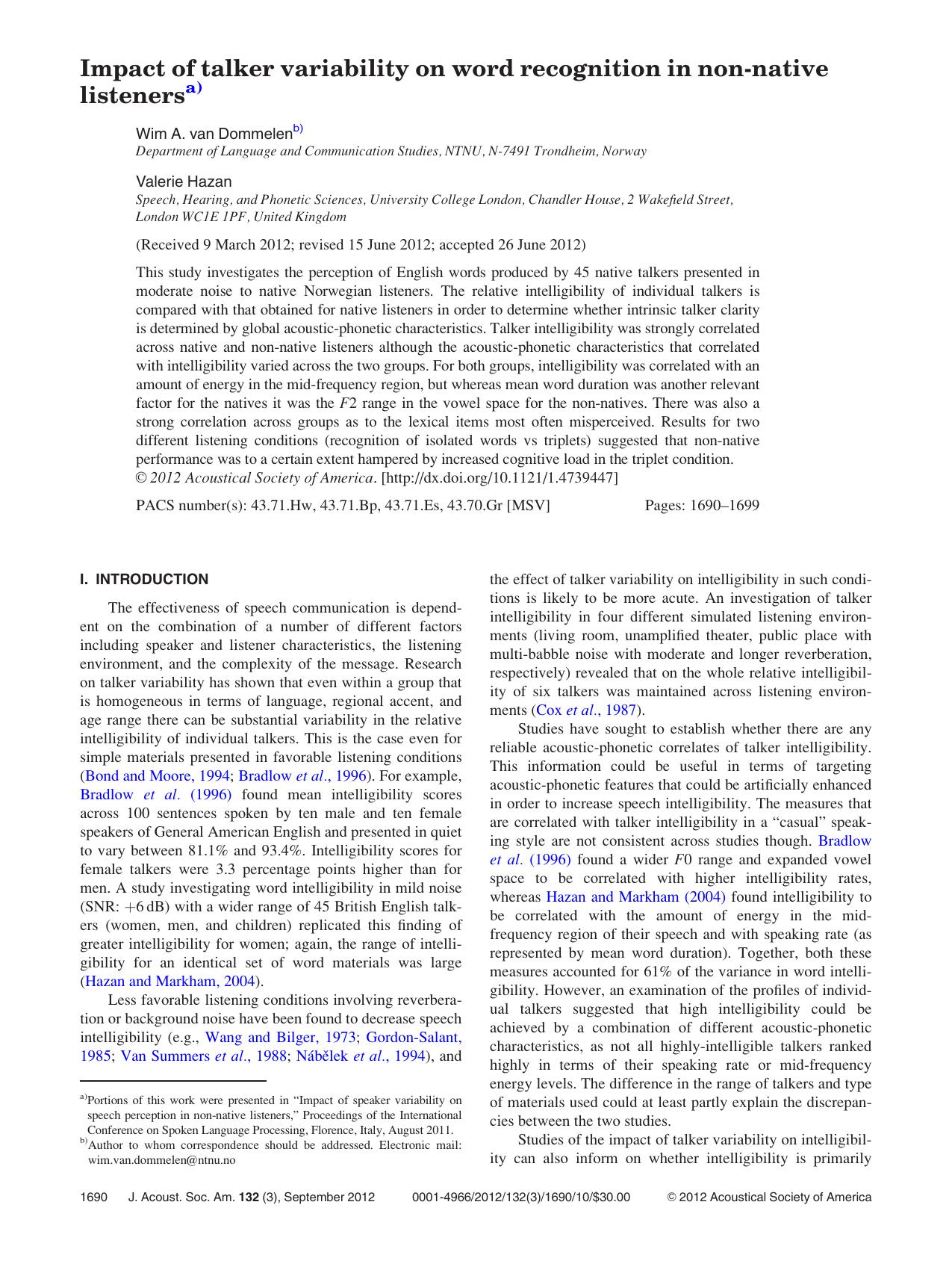 Impact of talker variability on word recognition in non-native listenersa) by Wim A. van Dommelenb) and Valerie Hazan