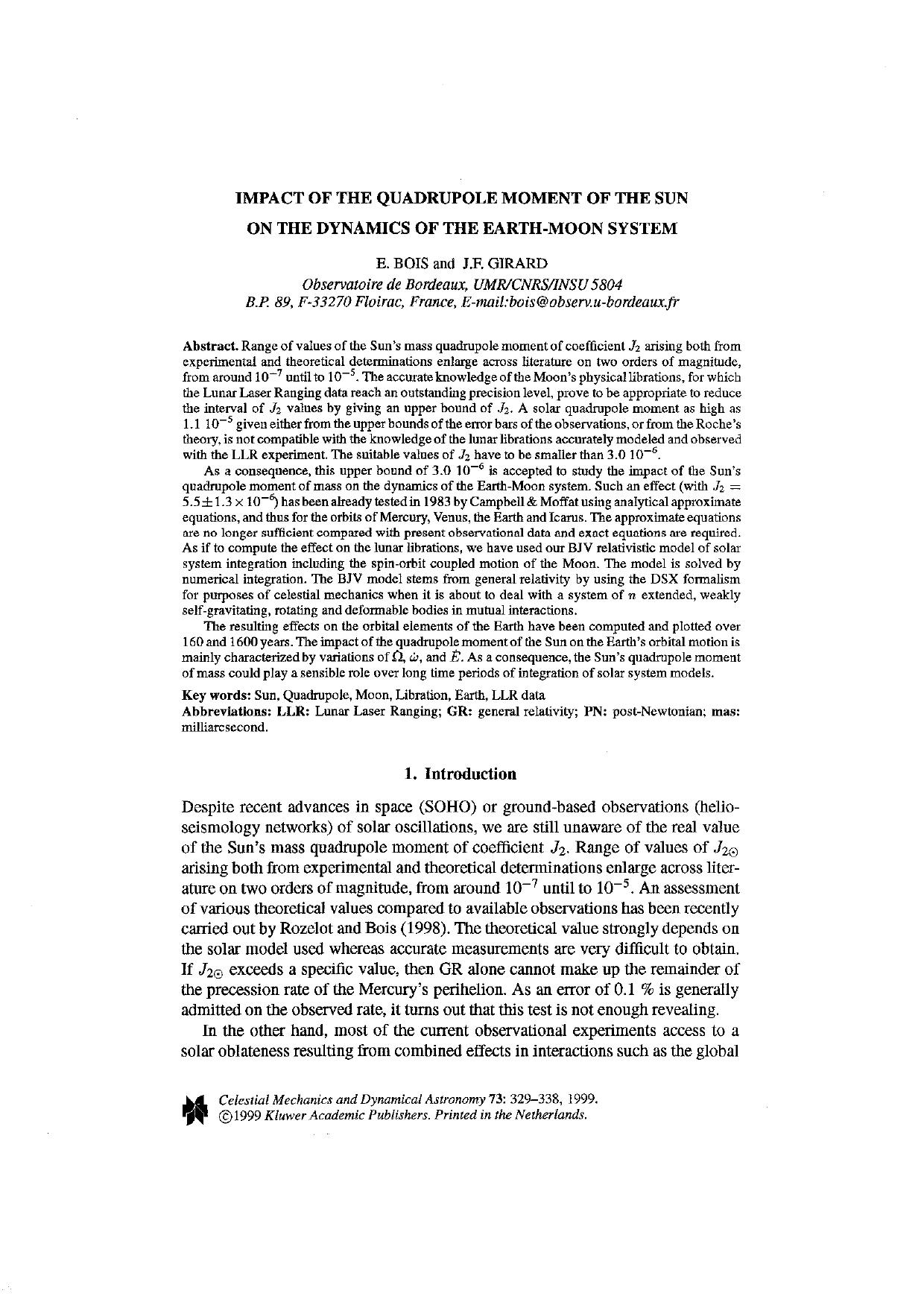 Impact of the Quadrupole Moment of the Sun on the Dynamics of the Earth-Moon System by Unknown