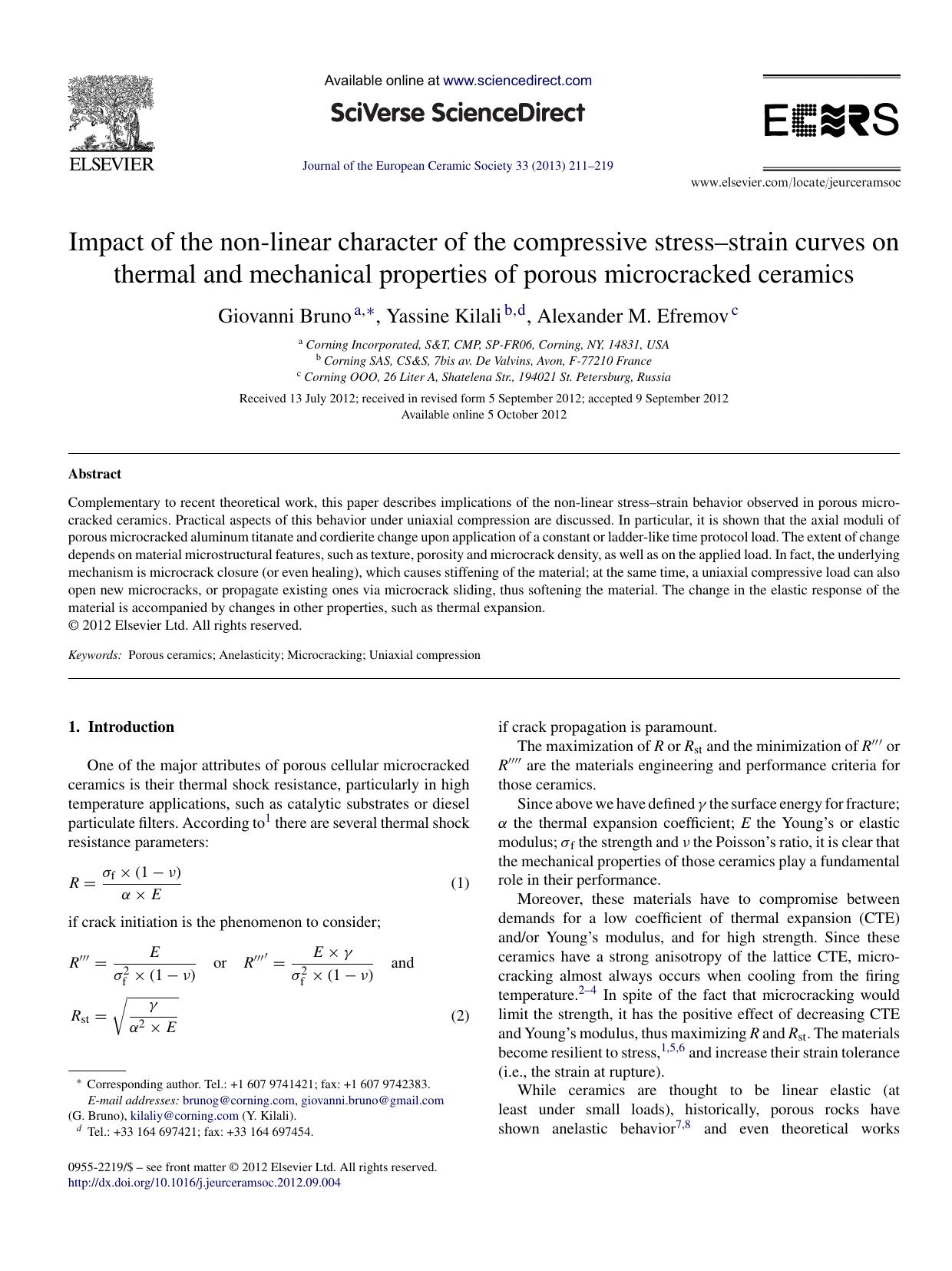 Impact of the non-linear character of the compressive stressâstrain curves on thermal and mechanical properties of porous microcracked ceramics by Giovanni Bruno