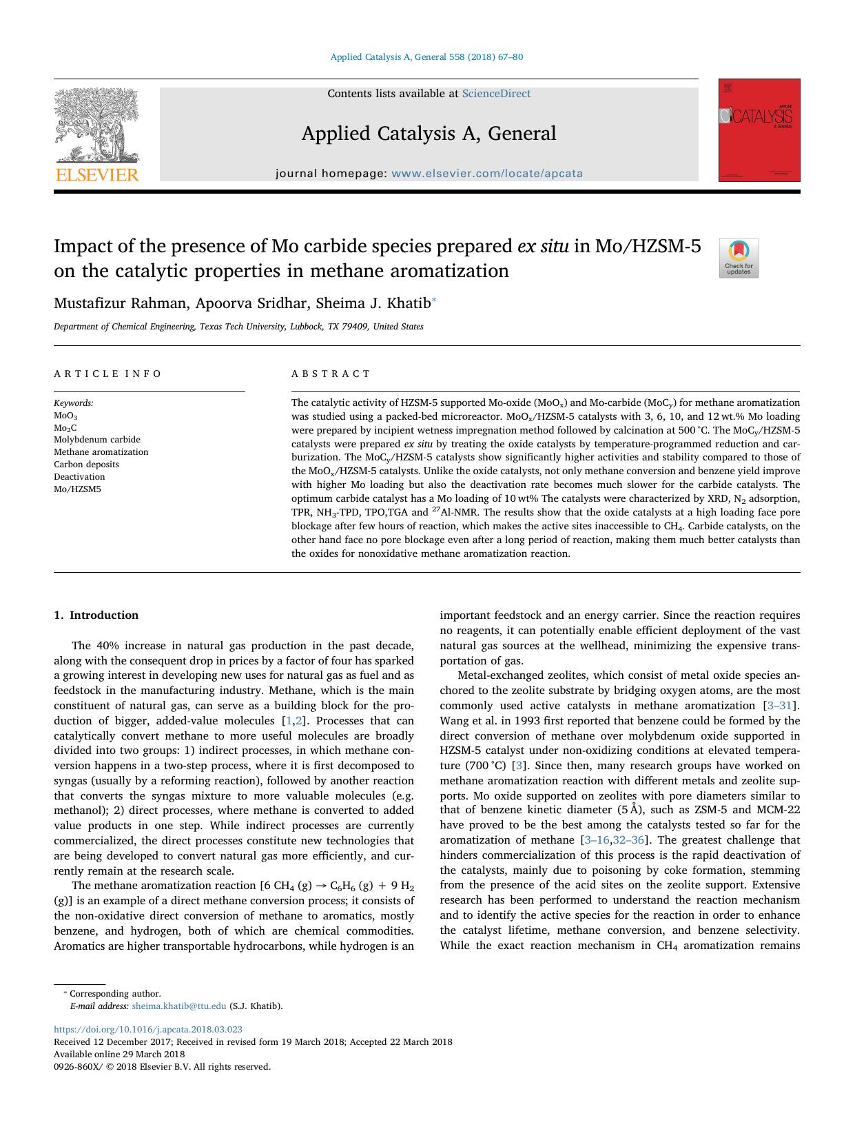 Impact of the presence of Mo carbide species prepared ex situ in MoHZSM-5 on the catalytic properties in methane aromatization by Mustafizur Rahman & Apoorva Sridhar & Sheima J. Khatib