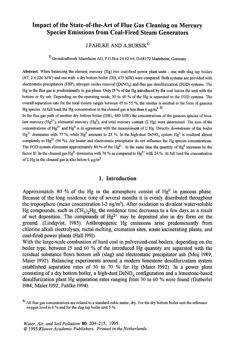 Impact of the state-of-the-art of flue gas cleaning on mercury species emissions from coal-fired steam generators by Unknown