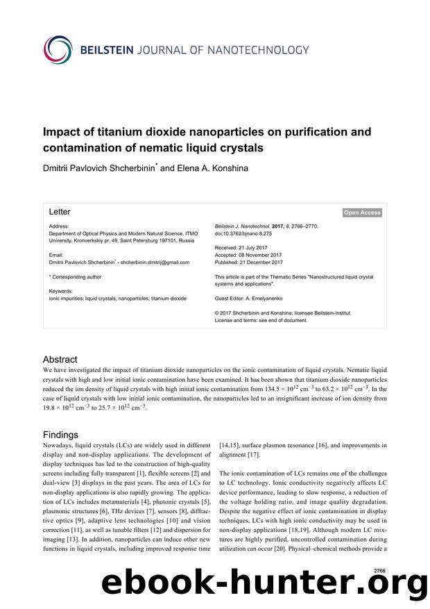 Impact of titanium dioxide nanoparticles on purification and contamination of nematic liquid crystals by Dmitrii Pavlovich Shcherbinin Elena A. Konshina