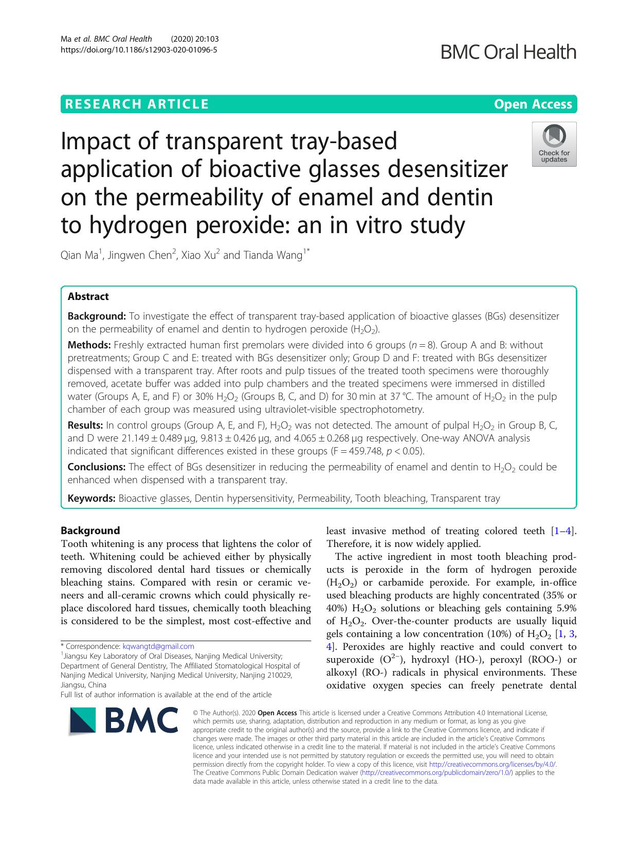Impact of transparent tray-based application of bioactive glasses desensitizer on the permeability of enamel and dentin to hydrogen peroxide: an in vitro study by Qian Ma & Jingwen Chen & Xiao Xu & Tianda Wang