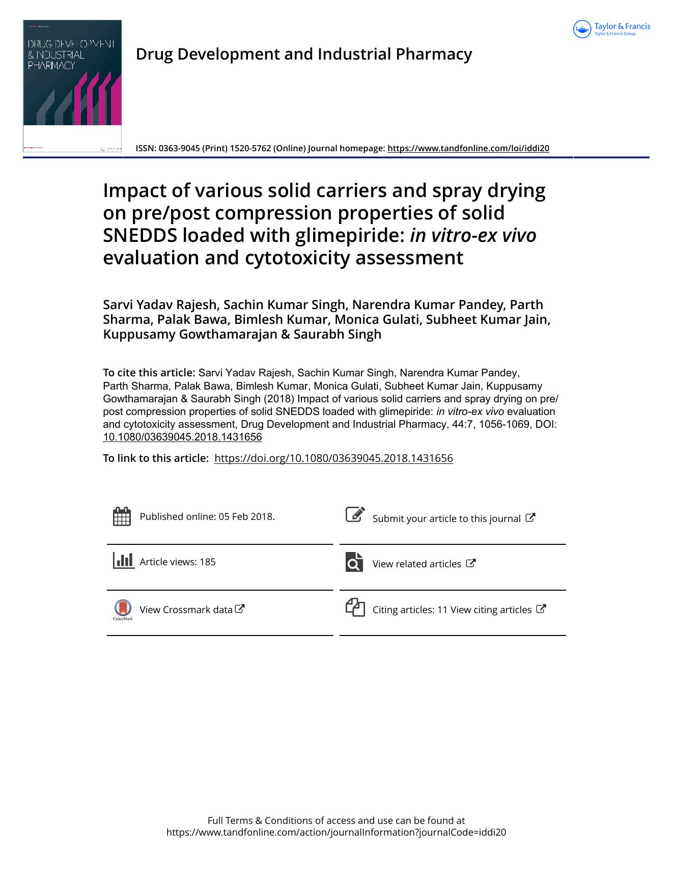 Impact of various solid carriers and spray drying on prepost compression properties of solid SNEDDS loaded with glimepiride: in vitro-ex vivo evaluation and cytotoxicity assessment by unknow