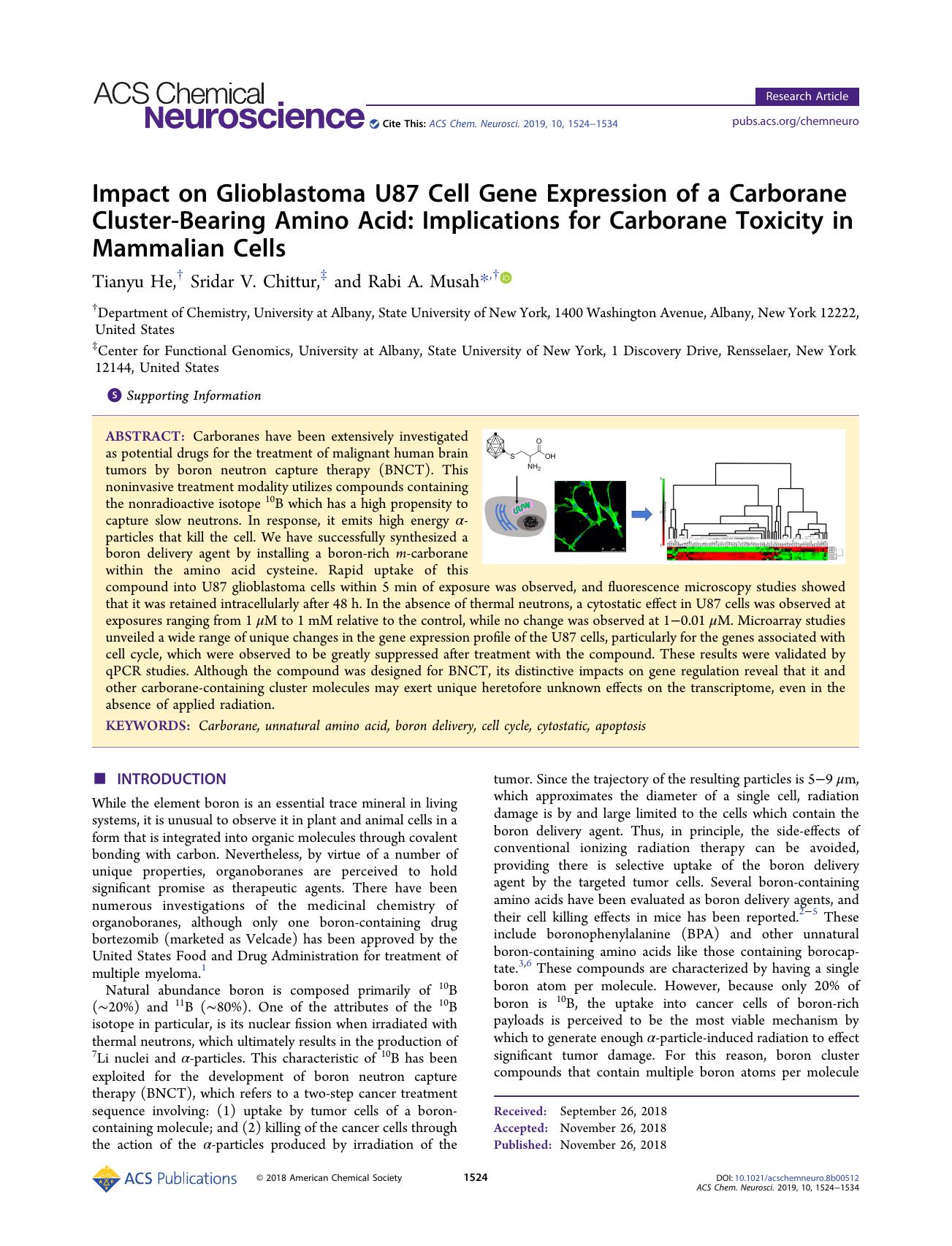 Impact on Glioblastoma U87 Cell Gene Expression of a Carborane Cluster-Bearing Amino Acid: Implications for Carborane Toxicity in Mammalian Cells by Tianyu He Sridar V. Chittur and Rabi A. Musah