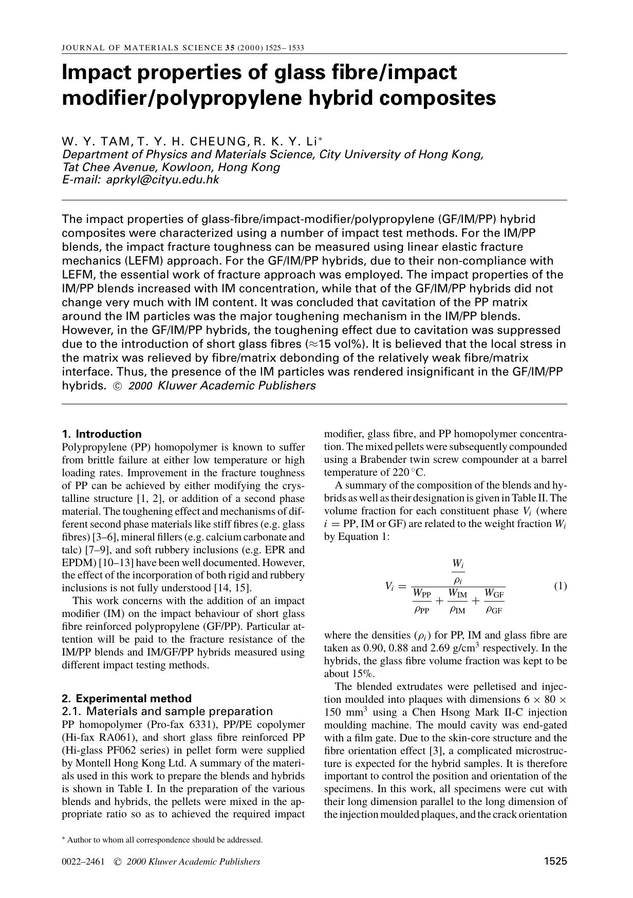 Impact properties of glass fibreimpact modifierpolypropylene hybrid composites by Unknown