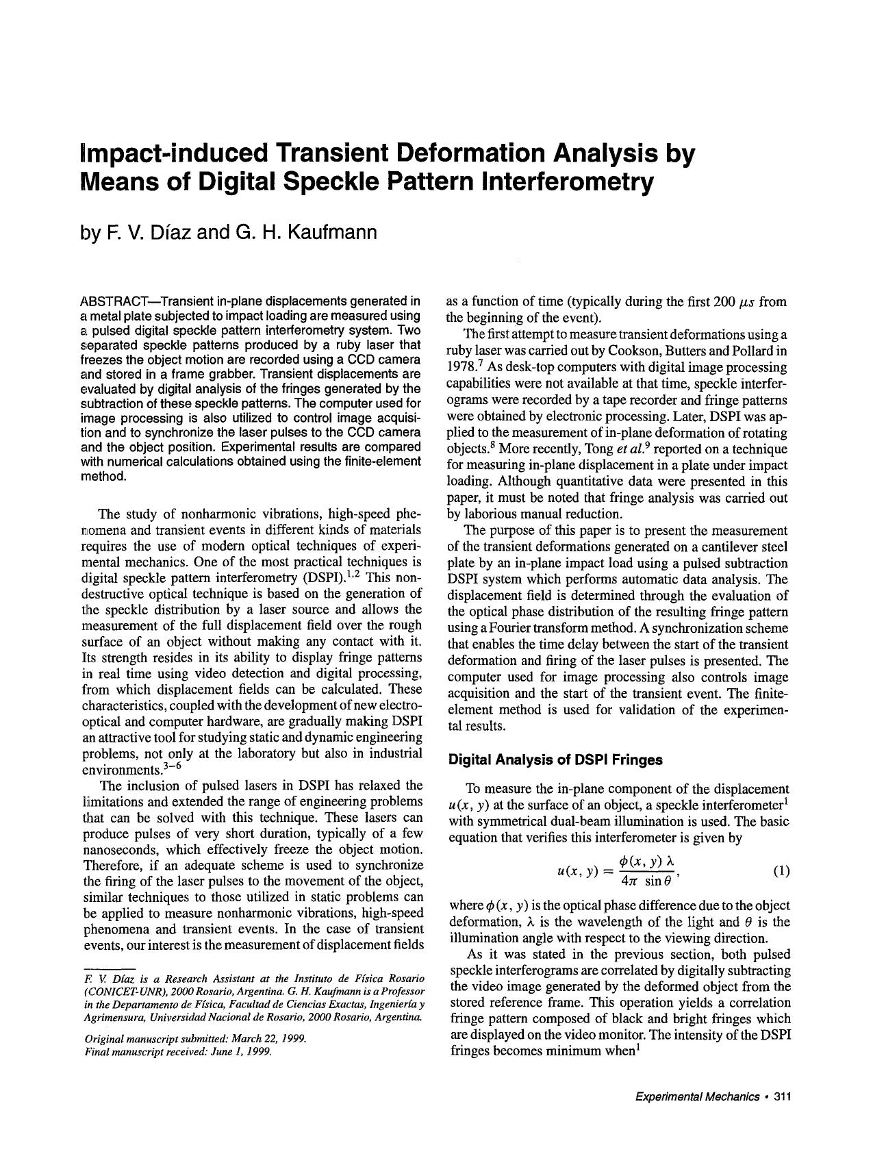 Impact-induced transient deformation analysis by means of digital speckle pattern interferometry by Unknown