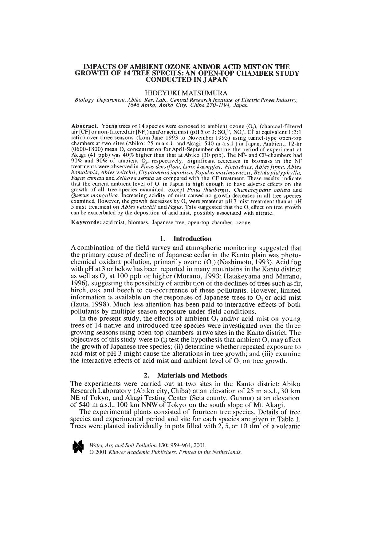Impacts of Ambient Ozone andor Acid Mist on the Growth of 14 Tree Species: An Open-Top Chamber Study Conducted in Japan by Unknown