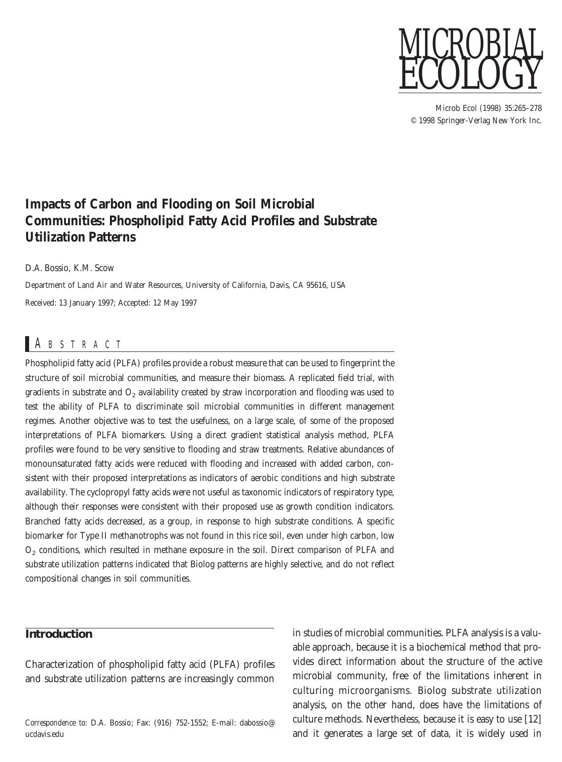 Impacts of Carbon and Flooding on Soil Microbial Communities: Phospholipid Fatty Acid Profiles and Substrate Utilization Patterns by Bossio D. et al