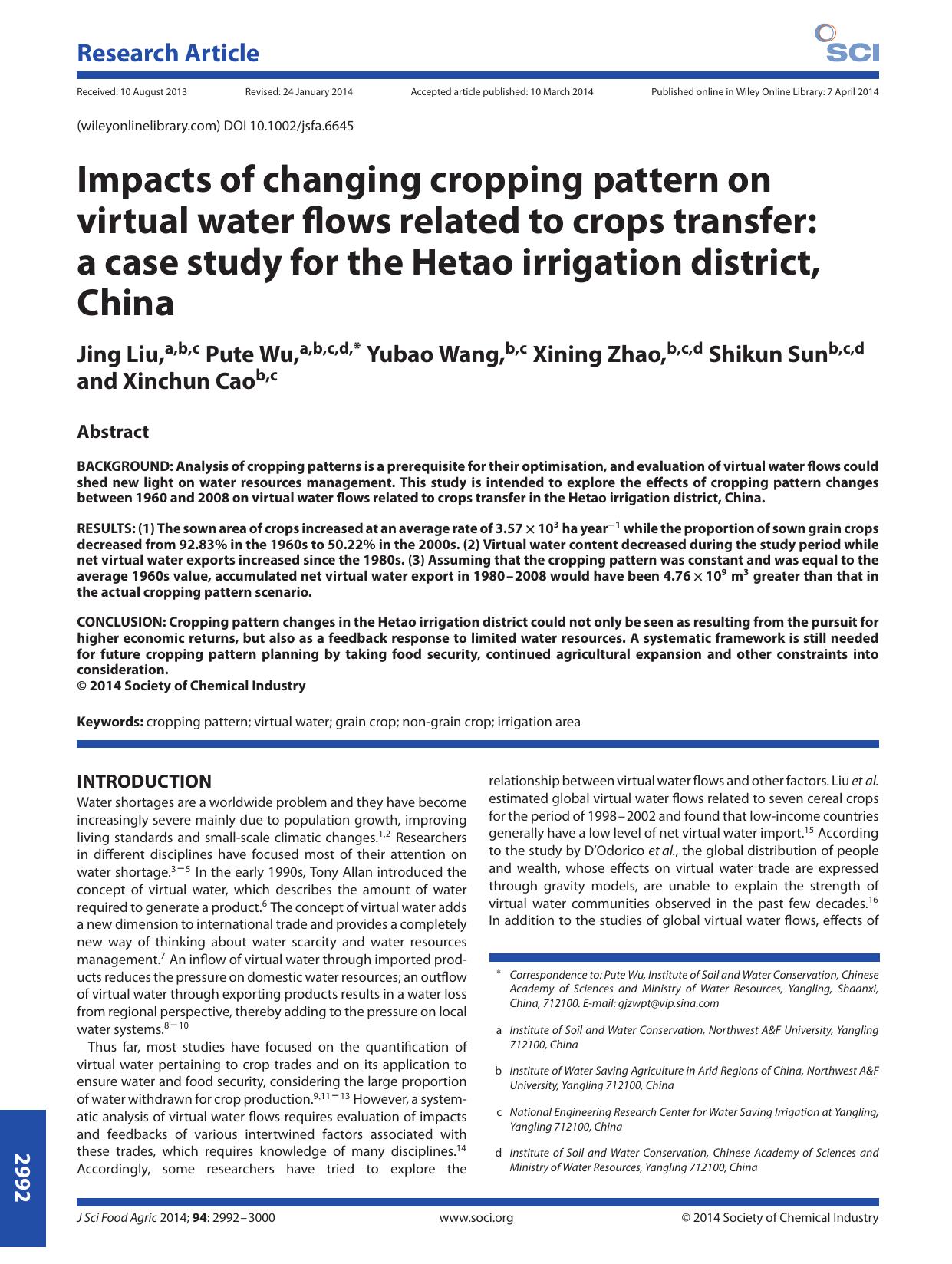 Impacts of changing cropping pattern on virtual water flows related to crops transfer: a case study for the Hetao irrigation district, China by Unknown