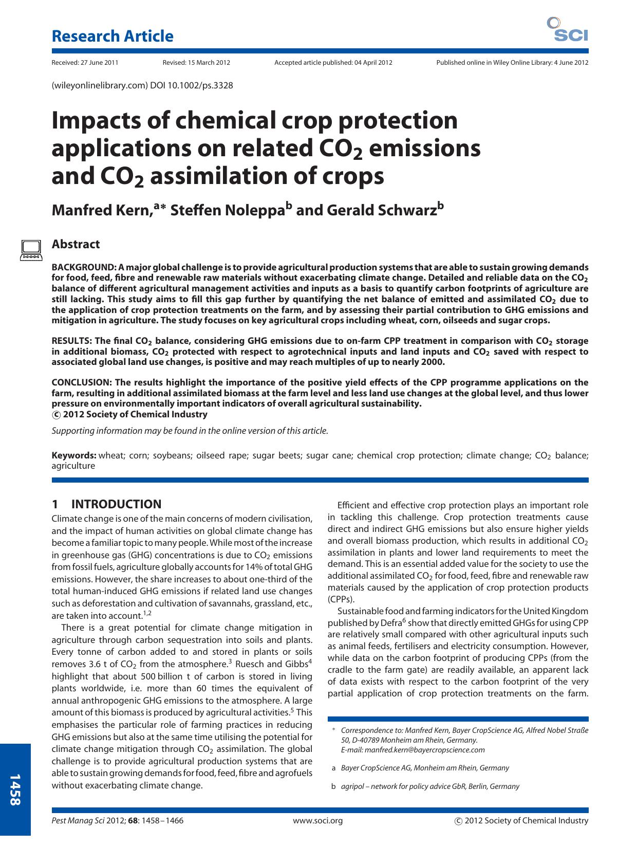 Impacts of chemical crop protection applications on related CO2 emissions and CO2 assimilation of crops by Unknown