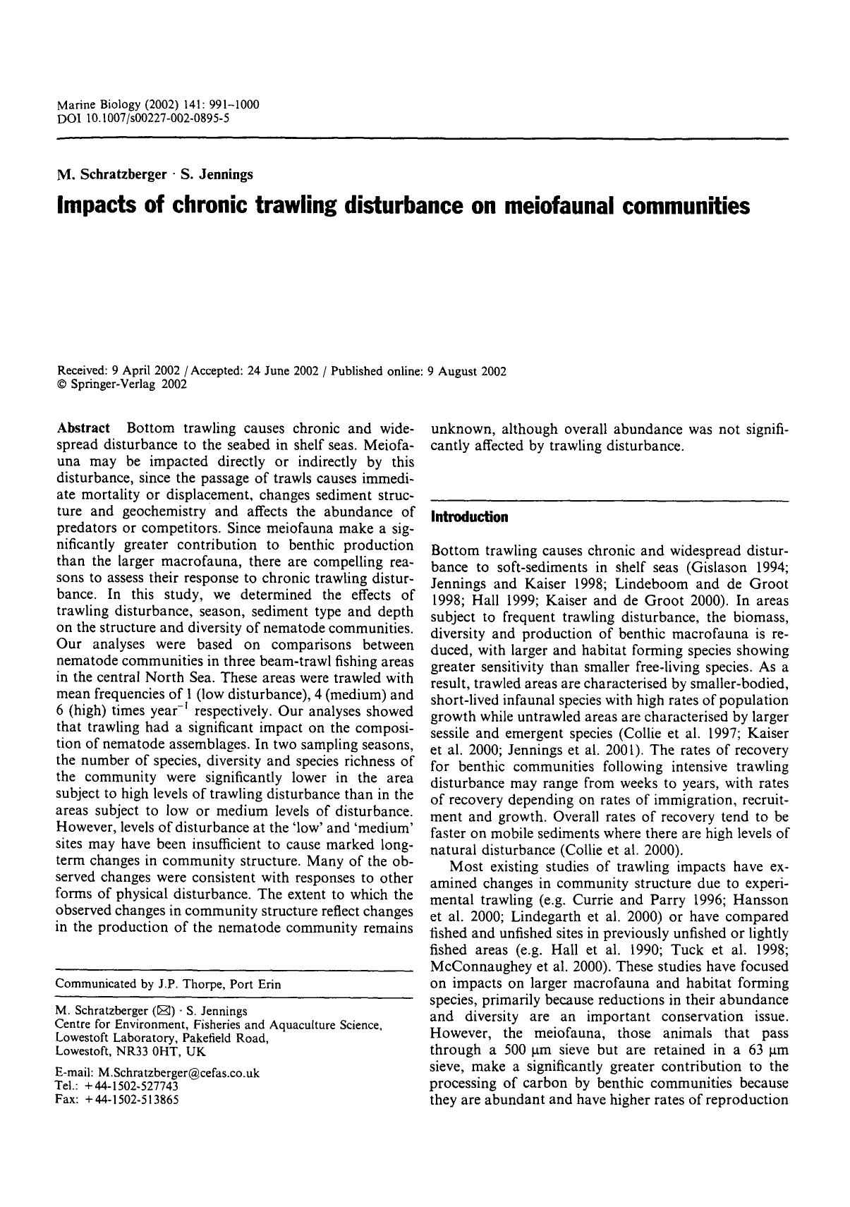 Impacts of chronic trawling disturbance on meiofaunal communities by Unknown