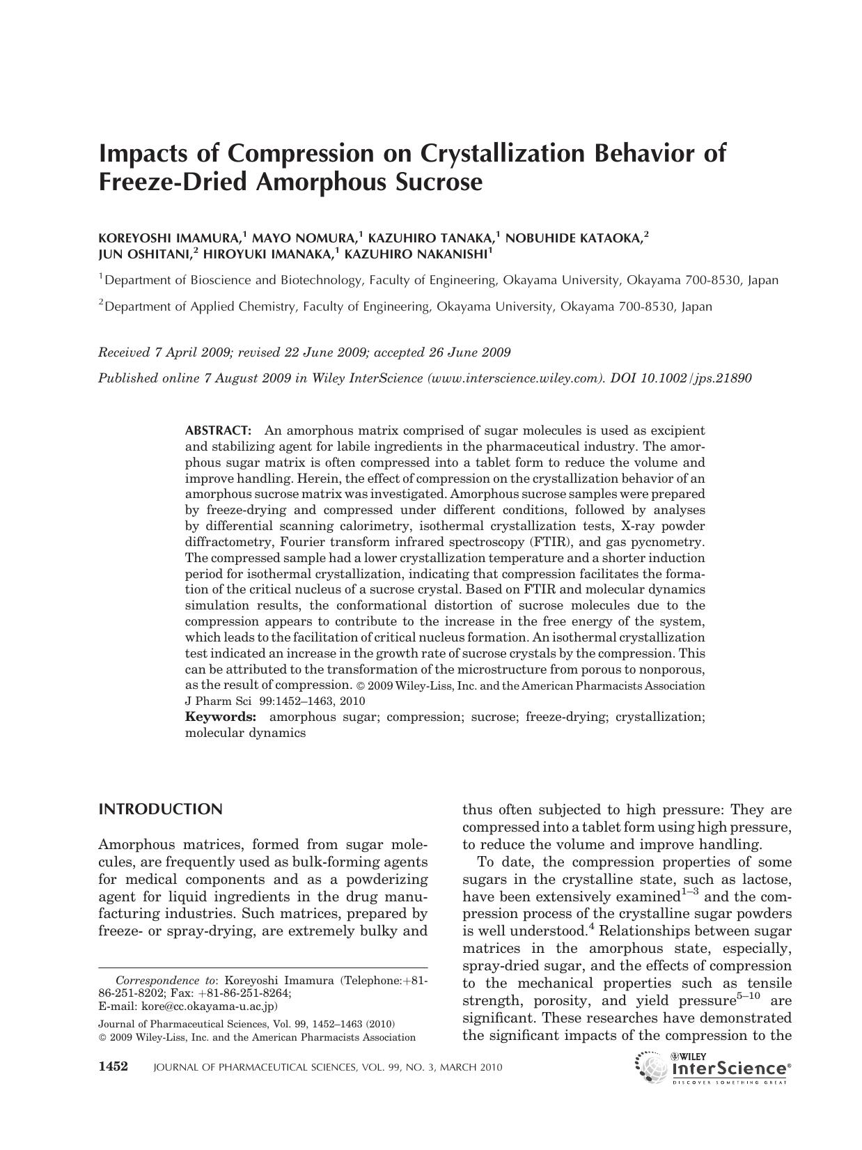 Impacts of compression on crystallization behavior of freeze-dried amorphous sucrose by Unknown
