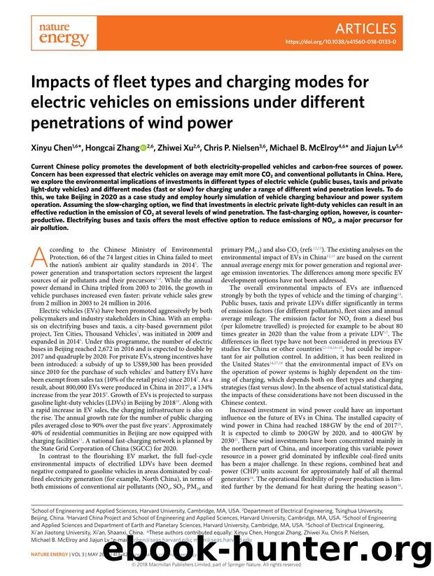 Impacts of fleet types and charging modes for electric vehicles on emissions under different penetrations of wind power by Xinyu Chen & Hongcai Zhang & Zhiwei Xu & Chris P. Nielsen & Michael B. McElroy & Jiajun Lv
