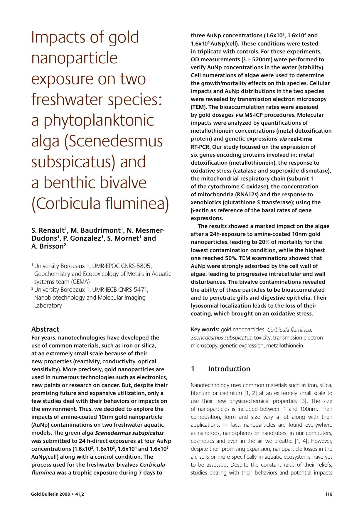Impacts of gold nanoparticle exposure on two freshwater species: a phytoplanktonic alga (Scenedesmus subspicatus) and a benthic bivalve (Corbicula fluminea) by Unknown