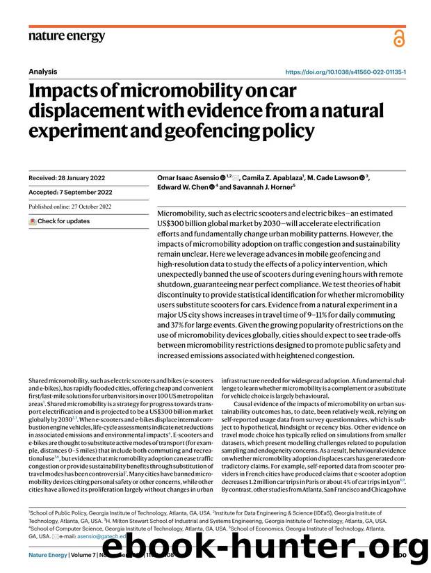 Impacts of micromobility on car displacement with evidence from a natural experiment and geofencing policy by Omar Isaac Asensio & Camila Z. Apablaza & M. Cade Lawson & Edward W. Chen & Savannah J. Horner