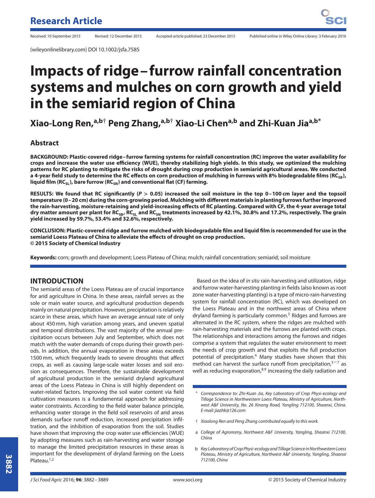 Impacts of ridge--furrow rainfall concentration systems and mulches on corn growth and yield in the semiarid region of China by Unknown
