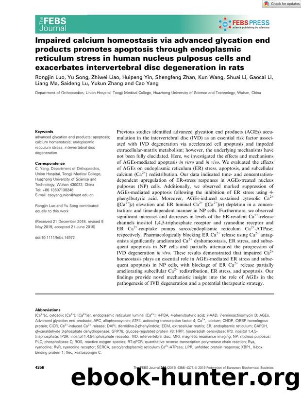 Impaired calcium homeostasis via advanced glycation end products promotes apoptosis through endoplasmic reticulum stress in human nucleus pulposus cells and exacerbates interverteb by Unknown