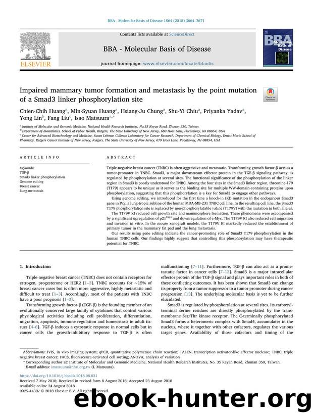 Impaired mammary tumor formation and metastasis by the point mutation of a Smad3 linker phosphorylation site by unknow