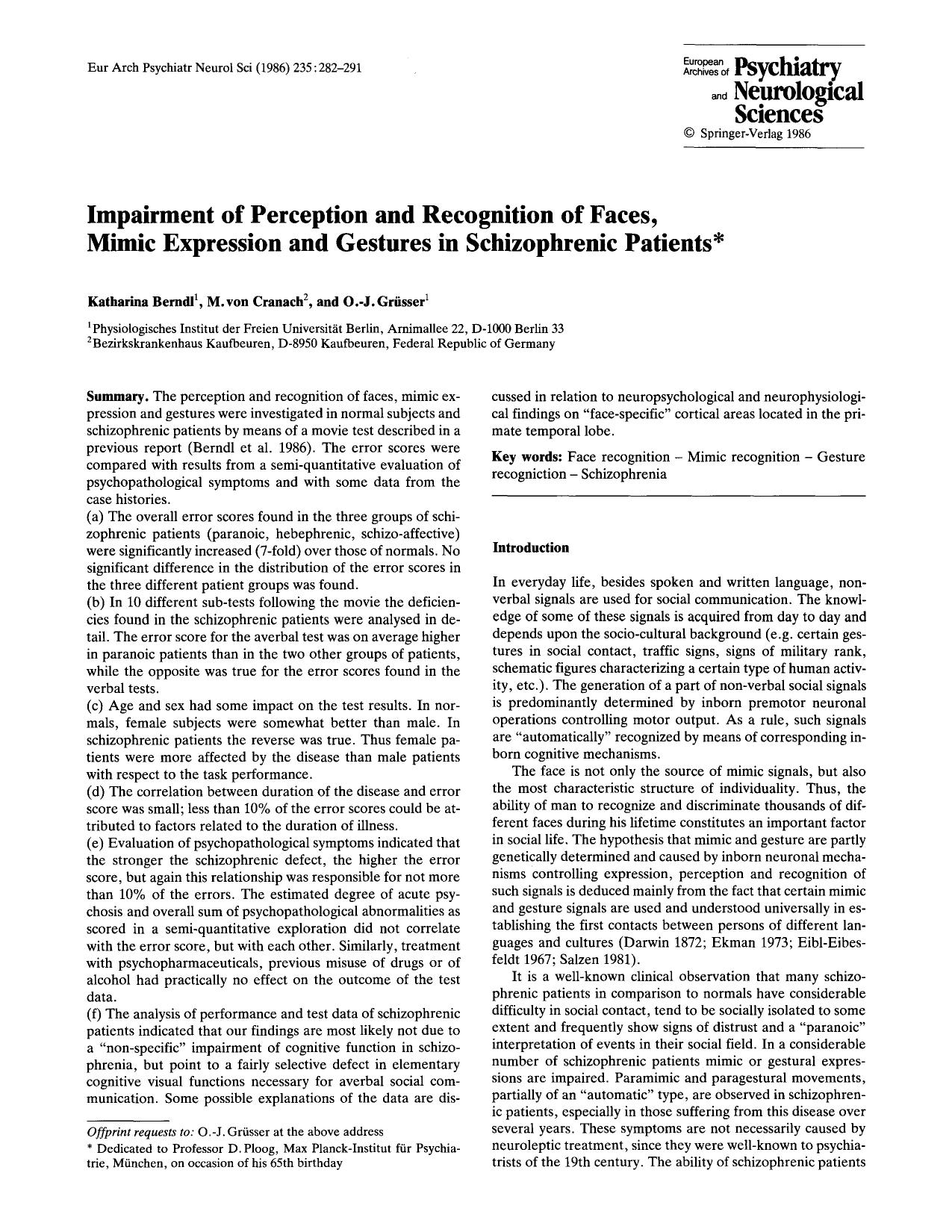 Impairment of perception and recognition of faces, mimic expression and gestures in schizophrenic patients by Unknown
