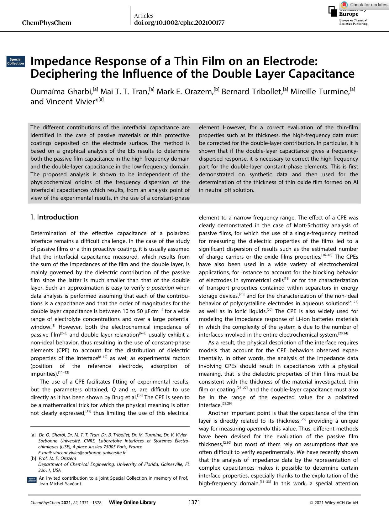Impedance Response of a Thin Film on an Electrode: Deciphering the Influence of the Double Layer Capacitance by Unknown