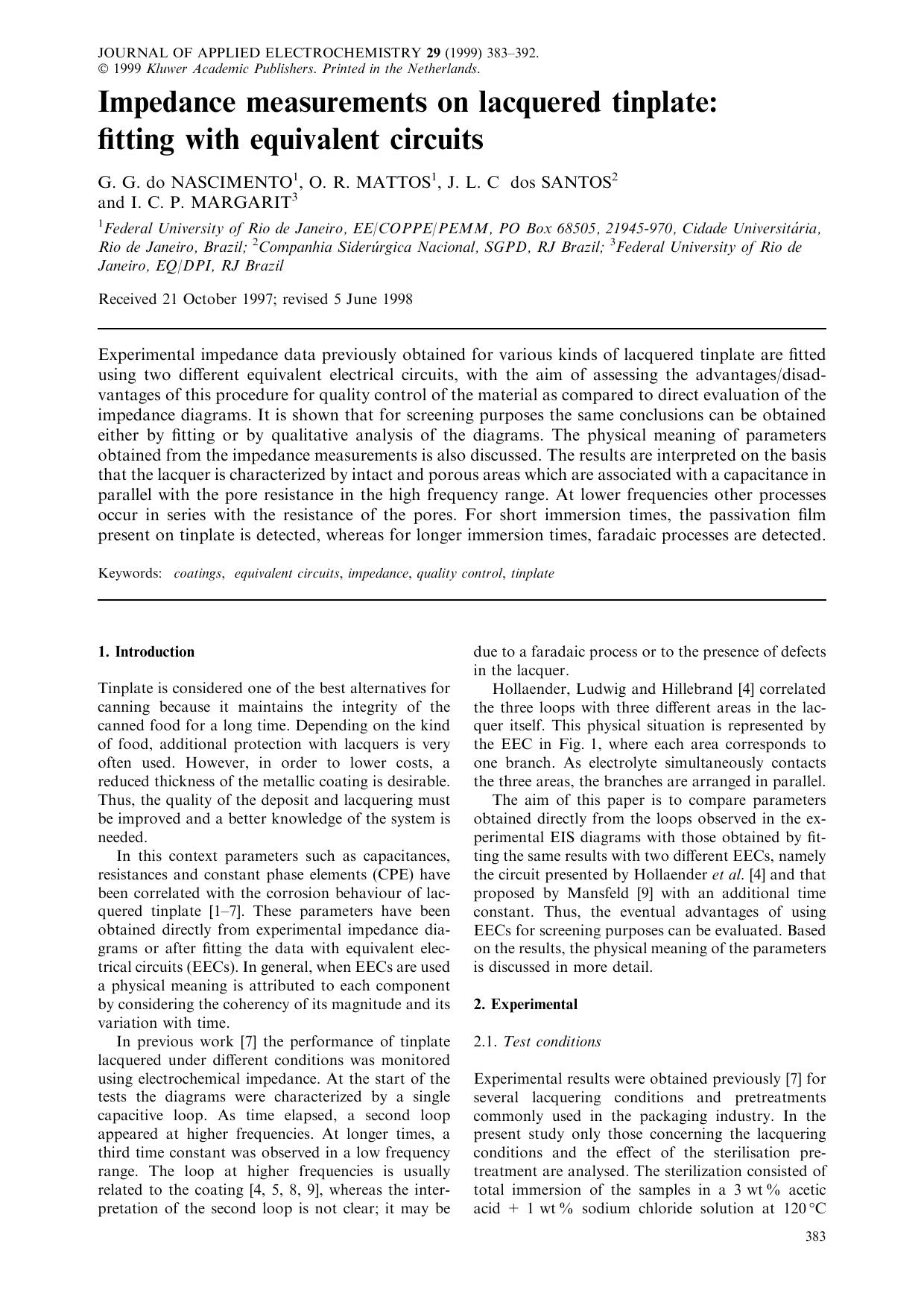Impedance measurements on lacquered tinplate: fitting with equivalent circuits by Unknown
