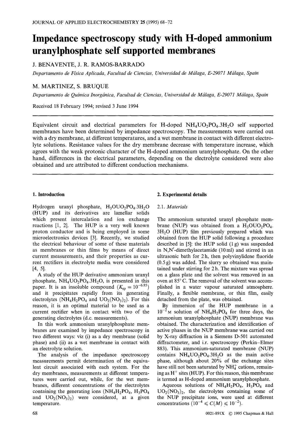 Impedance spectroscopy study with H-doped ammonium uranylphosphate self supported membranes by Unknown