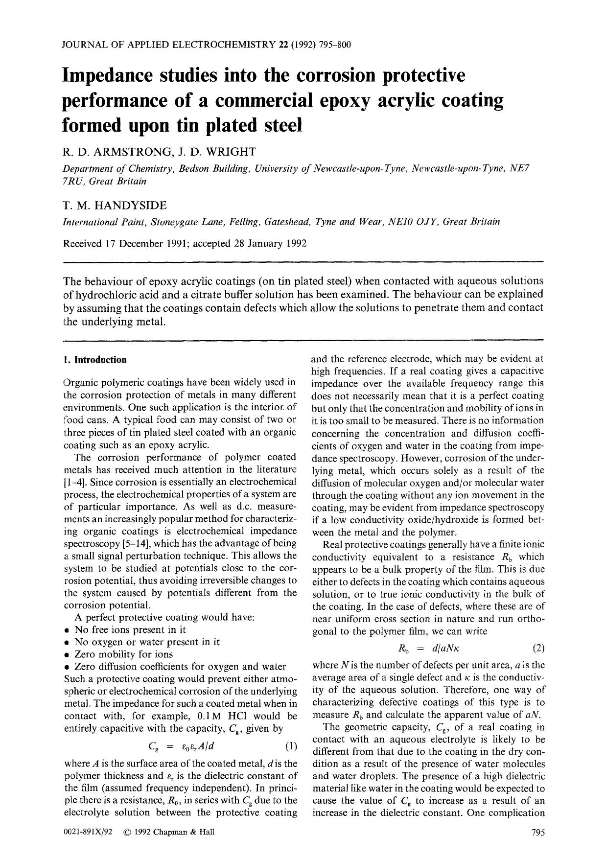 Impedance studies into the corrosion protective performance of a commercial epoxy acrylic coating formed upon tin plated steel by Unknown