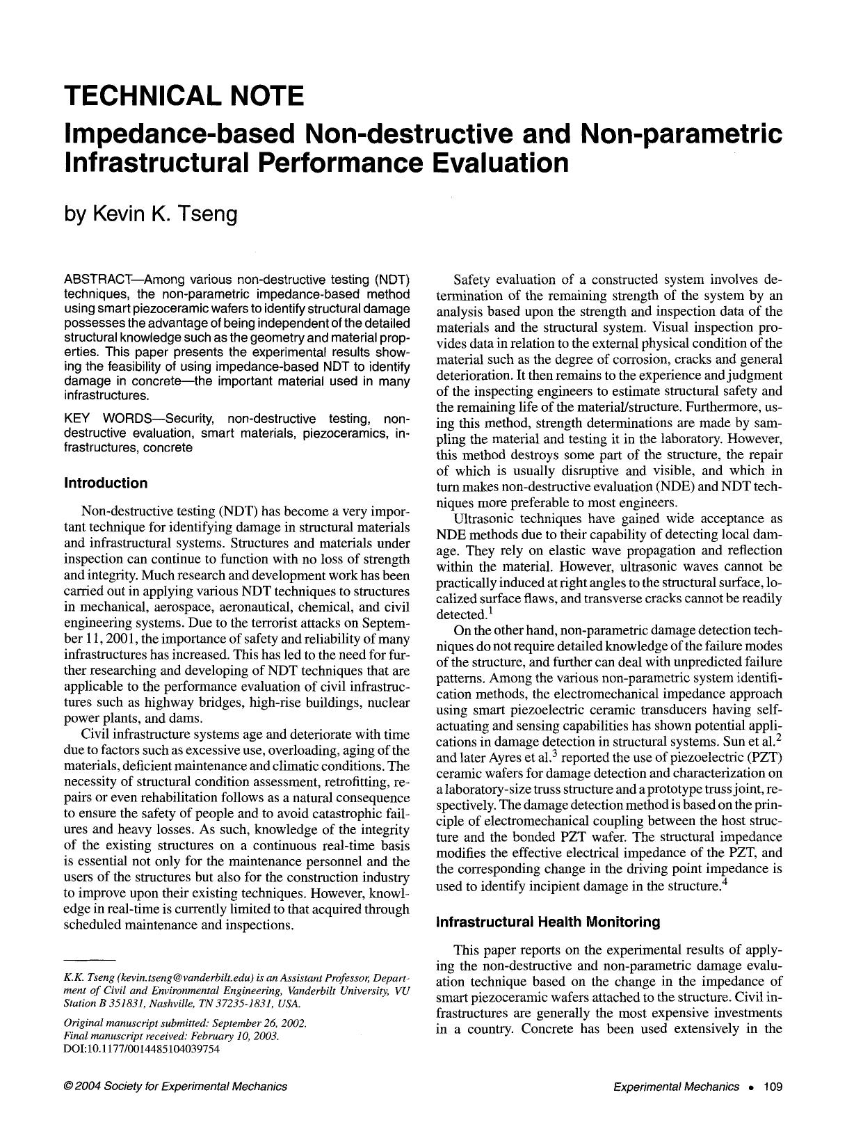 Impedance-based non-destructive and non-parametric infrastructural performance evaluation by Unknown