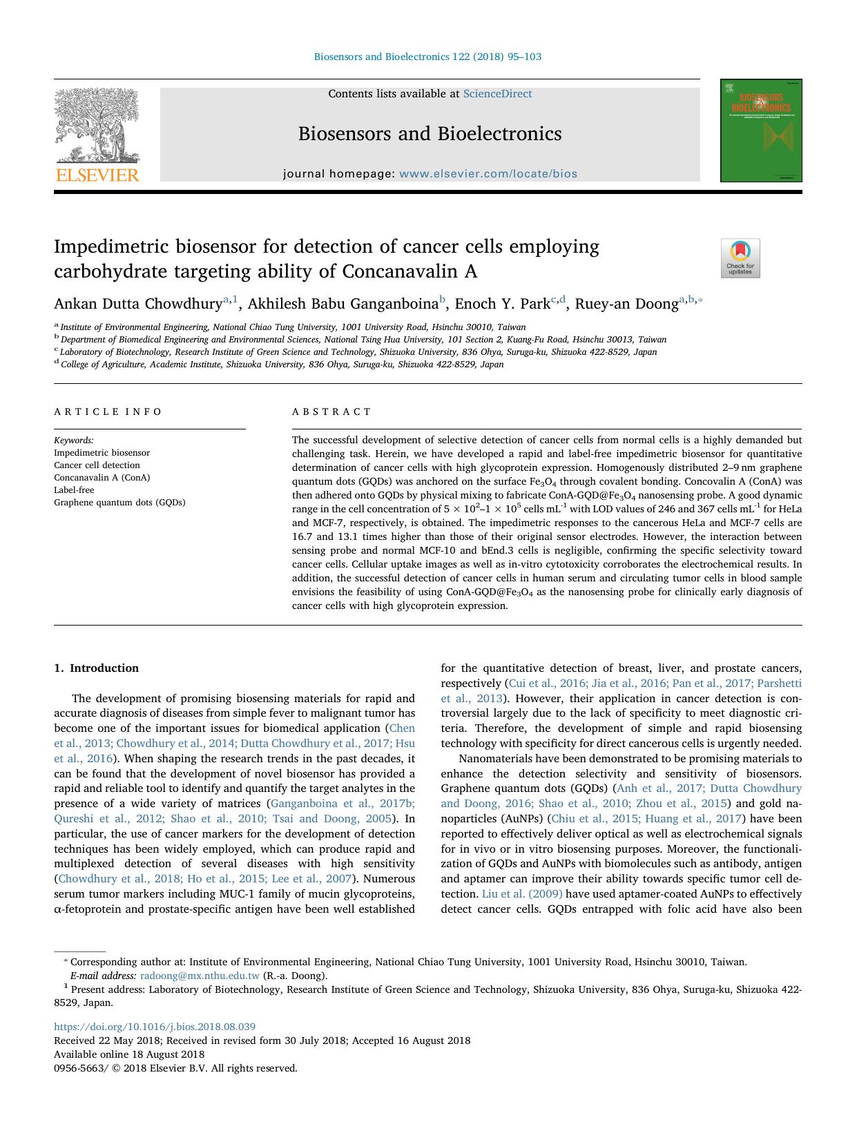 Impedimetric biosensor for detection of cancer cells employing carbohydrate targeting ability of Concanavalin A by Ankan Dutta Chowdhury & Akhilesh Babu Ganganboina & Enoch Y. Park & Ruey-an Doong