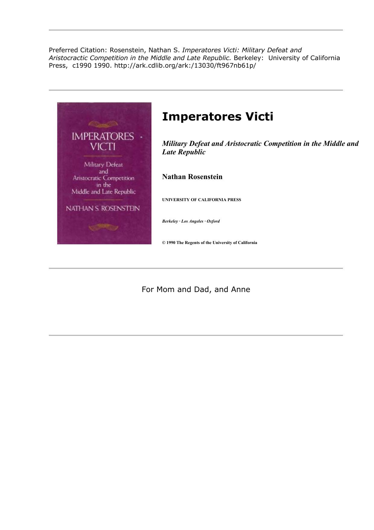 Imperatores Victi: Military Defeat and Aristocractic Competition in the Middle and Late Republic by Nathan S. Rosenstein